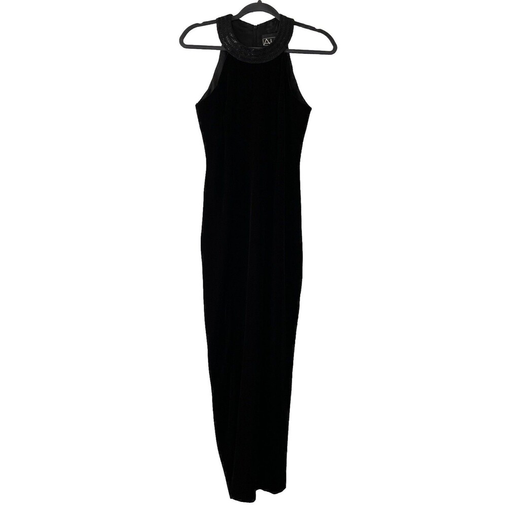 Alex Evenings Long Dress Black Velvet Beaded Halter Formal